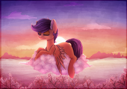 Size: 1999x1397 | Tagged: safe, artist:kilamuri, scootaloo, pegasus, pony, g4, blank flank, cloud, ear fluff, eyes closed, female, filly, foal, lying down, older, on a cloud, prone, signature, sitting, sky, solo, spread wings, sunset, tree, wings