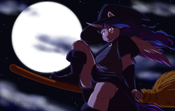 Size: 900x572 | Tagged: safe, artist:ethanqix, oc, oc only, oc:moonbrush, alicorn, anthro, alicorn oc, broom, clothes, cloud, collar, dress, flying, flying broomstick, full moon, halloween, hat, looking at you, moon, necklace, night, night sky, nudity, pinup, smiling, solo, stars, witch, witch hat