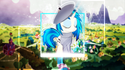 Size: 2560x1440 | Tagged: safe, artist:cool77778, artist:shaakuras, edit, dj pon-3, vinyl scratch, pony, unicorn, g4, canterlot castle, clothes, cutie mark, eyes closed, female, french, horn, mare, ponyville, smiling, solo, sweet apple acres, vector, wallpaper