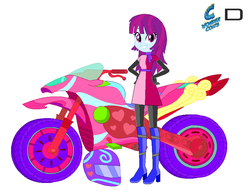Size: 811x632 | Tagged: safe, artist:karalovely, mystery mint, equestria girls, g4, my little pony equestria girls: friendship games, background human, motocross outfit, motorcross, motorcycle, wondercolts
