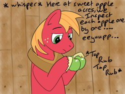 Size: 1200x900 | Tagged: safe, artist:laserbiskit, big macintosh, earth pony, pony, g4, apple, asmr, concentrating, dialogue, food, male, solo, stallion, tapping