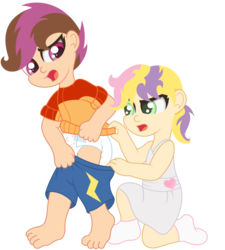 Size: 848x942 | Tagged: safe, artist:the-crusader-network, scootaloo, sweetie belle, human, g4, cute, cutealoo, diaper, diaper check, diaper fetish, diasweetes, female, humanized, non-baby in diaper, poofy diaper
