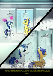 Size: 752x1062 | Tagged: safe, artist:pedrohander, flash sentry, shining armor, g4, backwards cutie mark, comic, do you remember, shower, wet