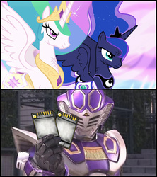 Size: 500x562 | Tagged: safe, edit, edited screencap, screencap, princess celestia, princess luna, alicorn, pony, g4, card, contract, crossover, female, kamen rider, kamen rider dragon knight, kamen rider ouja, kamen rider ryuki, kamen rider strike, mare, xk-class end-of-the-world scenario