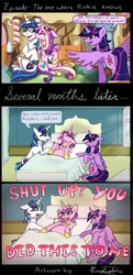 Size: 622x1285 | Tagged: safe, artist:lucidcolors, princess cadance, shining armor, twilight sparkle, alicorn, pony, g4, the one where pinkie pie knows, comic, female, implied good clean married sex, implied sex, labor, labor pains, mare, pregnant, twilight sparkle (alicorn), you did this to me