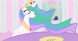 Size: 1724x914 | Tagged: safe, artist:red, princess celestia, princess luna, g4, cake, cakelestia, crumbs, food, this will end in tears and/or a journey to the moon, trolluna, unamused