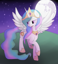 Size: 788x863 | Tagged: safe, artist:aniowo, princess celestia, g4, female, mare in the moon, moon, raised hoof, solo, spread wings