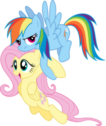 Size: 3338x3979 | Tagged: safe, artist:shutterflyyay, fluttershy, rainbow dash, pegasus, pony, g4, may the best pet win, carrying, cute, duo, flying, happy, high res, role reversal, shyabetes, simple background, transparent background, unamused, vector