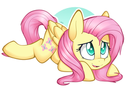 Size: 1518x1046 | Tagged: safe, artist:higglytownhero, fluttershy, pegasus, pony, g4, cute, female, folded wings, looking up, mare, open mouth, prone, shyabetes, simple background, smiling, solo, three quarter view, white background, wings