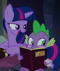 Size: 305x360 | Tagged: safe, screencap, spike, twilight sparkle, alicorn, pony, g4, blushing, female, hub logo, mare, out of context, twilight sparkle (alicorn)