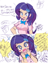 Size: 1232x1594 | Tagged: safe, artist:danmakuman, rarity, human, g4, birthday, bowtie, clothes, cute, danmakuman is trying to murder us, female, humanized, looking at you, open mouth, present, raribetes, solo, speech bubble, starry eyes, talking, wingding eyes, wristband