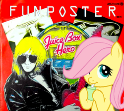 Size: 914x823 | Tagged: safe, edit, fluttershy, g4, 80s, album cover, food, foreigner, juice, juice box, music