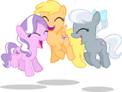 Size: 4174x3132 | Tagged: safe, alternate version, artist:xebck, diamond tiara, mango dash, silver spoon, earth pony, pegasus, pony, crusaders of the lost mark, g4, alternate cutie mark, alternate hairstyle, alternate universe, cute, cutie mark, cutie mark crusaders, eyes closed, happy, high res, mangobetes, open mouth, simple background, the cmc's cutie marks, transparent background, vector