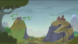 Size: 1680x945 | Tagged: safe, screencap, fluttershy, twilight sparkle, alicorn, pony, g4, the hooffields and mccolts, battlefield, dead tree, female, fight, flying, food, fort, fort mccolt, hill, house, mare, pumpkin, punkin chunkin, smokey mountains, tree, tree stump, twilight sparkle (alicorn), valley