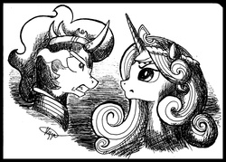 Size: 2271x1623 | Tagged: safe, artist:katesmith2001, idw, king sombra, princess amore, fiendship is magic, g4, spoiler:comic, monochrome