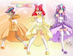 Size: 2786x2153 | Tagged: safe, artist:shinta-girl, apple bloom, scootaloo, sweetie belle, human, g4, armpits, clothes, cutie mark crusaders, dress, high res, humanized, magical girl, rainbow power, rainbow power-ified, socks, thigh highs