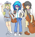 Size: 1850x1986 | Tagged: dead source, safe, artist:applestems, derpy hooves, dj pon-3, octavia melody, vinyl scratch, human, g4, bubble, clothes, converse, humanized, shoes, sunglasses, underp