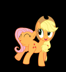 Size: 2257x2481 | Tagged: artist needed, source needed, safe, applejack, fluttershy, g4, black background, conjoined, facebutt, female, flutterrange, food, fusion, high res, hilarious in hindsight, lesbian, not salmon, orange, orangejack, orangified, ship:appleshy, shipping, simple background, transformation, two heads, wat, we have become one, what has magic done