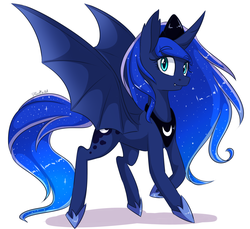Size: 2400x2200 | Tagged: safe, artist:silbersternenlicht, princess luna, alicorn, bat pony, bat pony alicorn, pony, g4, bat ponified, fangs, female, high res, lunabat, race swap, simple background, smiling, solo, white background