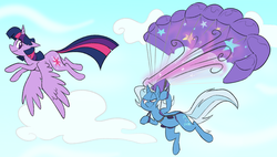 Size: 1200x683 | Tagged: safe, artist:egophiliac, artist:phallen1, trixie, twilight sparkle, alicorn, pony, g4, chase, colored, duo, female, flying, magic, mare, parachute, sketch, twilight sparkle (alicorn)