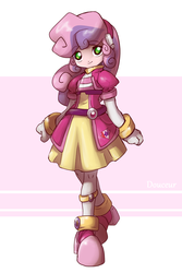 Size: 1600x2400 | Tagged: safe, artist:thegreatrouge, sweetie belle, crusaders of the lost mark, equestria girls, g4, armor, bracelet, clothes, crossed legs, crossover, cutie mark, female, looking at you, mega man (series), megaman zero, solo, the cmc's cutie marks