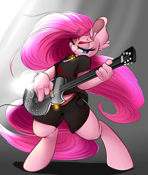 Size: 3000x3550 | Tagged: safe, artist:madacon, pinkie pie, earth pony, anthro, g4, badass, bipedal, clothes, collar, female, guitar, guitar pick, hand, high res, musical instrument, pinkie being pinkie, playing, rock (music), rocker, shorts, solo, spikes
