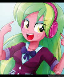 Size: 850x1022 | Tagged: safe, artist:the-butch-x, lemon zest, equestria girls, g4, my little pony equestria girls: friendship games, bowtie, breasts, clothes, crystal prep academy, crystal prep academy uniform, crystal prep shadowbolts, female, headphones, long hair, open mouth, school uniform, signature, solo
