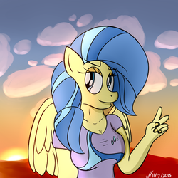 Size: 1024x1024 | Tagged: safe, artist:xwoofyhoundx, sunshower, pegasus, anthro, g4, breasts, cleavage, clothes, cloud, female, hand, lens flare, mare, peace sign, shirt, smiling, solo, sun, sunset
