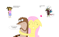 Size: 1210x760 | Tagged: safe, discord, fluttershy, mole (animal), pegasus, pony, raccoon, g4, cattails, crossover, eileen, male, plion, reeds, regular show, rigby (regular show), species swap