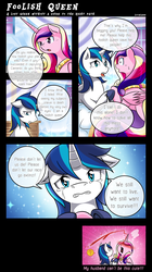 Size: 1500x2679 | Tagged: safe, artist:vavacung, princess cadance, queen chrysalis, shining armor, comic:to love alicorn, g4, blood, comic, crying, cute, dialogue, disguise, disguised changeling, ladyboner, nosebleed, prone, shining adorable, speech bubble