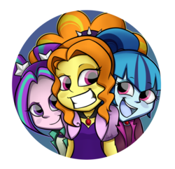 Size: 1024x987 | Tagged: safe, artist:midnightpremiere, adagio dazzle, aria blaze, sonata dusk, equestria girls, g4, circle, close-up, grin, portrait, the dazzlings