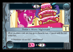 Size: 500x358 | Tagged: safe, enterplay, pinkie pie, g4, high magic, my little pony collectible card game, cake, ccg, food, yakoff steernoff