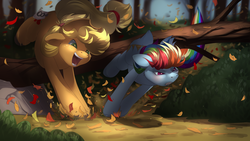 Size: 1920x1080 | Tagged: safe, artist:noben, applejack, rainbow dash, earth pony, pegasus, pony, fall weather friends, g4, bound wings, cute, dashabetes, duo, duo female, female, jackabetes, leaves, log, mare, open mouth, running, running of the leaves, scene interpretation, smiling, unshorn fetlocks