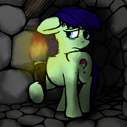 Size: 600x600 | Tagged: safe, artist:thebathwaterhero, oc, oc only, oc:muffin top, earth pony, pony, cyoa, cyoa:daring do and the temple of tzitzimitl, ears back, female, scared, solo, temple, torch