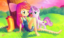 Size: 1920x1136 | Tagged: safe, artist:halem1991, apple bloom, sweetie belle, pony, unicorn, crusaders of the lost mark, equestria girls, g4, adorabloom, apple, barefoot, boots, cute, cutie mark, diasweetes, feet, food, grass, halem1991 is trying to murder us, the cmc's cutie marks