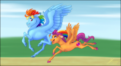 Size: 954x522 | Tagged: safe, artist:nattikay, rainbow dash, scootaloo, crusaders of the lost mark, g4, cutie mark, grass, realistic, running, scootalove, spread wings, the cmc's cutie marks, trail