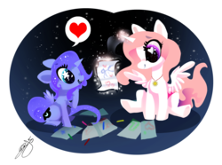 Size: 2000x1485 | Tagged: safe, artist:opalacorn, princess celestia, princess luna, alicorn, pony, g4, cewestia, cute, drawing, duo, filly, heart, magic, pink-mane celestia, sisters, speech bubble, telekinesis, woona, younger