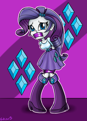 Size: 788x1087 | Tagged: safe, artist:gaggeddude32, rarity, equestria girls, g4, bondage, boots, breasts, clothes, female, gag, hands behind back, signature, skirt, solo, tape, tape bondage, tape gag