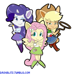 Size: 1280x1280 | Tagged: safe, artist:manic-the-lad, applejack, fluttershy, rarity, equestria girls, g4, a dash of everything, boots, chibi, clothes, cowboy hat, denim skirt, hat, horn, ponied up, skirt, socks, stetson, tank top