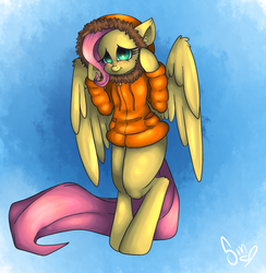 Size: 1000x1024 | Tagged: safe, artist:poisindoodles, fluttershy, pegasus, pony, g4, blushing, clothes, crossover, cute, female, jacket, kenny mccormick, parka, shyabetes, solo, south park