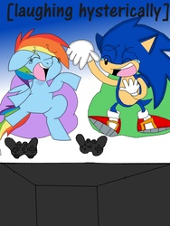 Size: 1944x2592 | Tagged: safe, artist:rainbowyoshi305, rainbow dash, g4, anti-shipping, controller, crossover, crossover shipping, female, male, shipping, sonic the hedgehog, sonic the hedgehog (series), sonicdash, straight, television