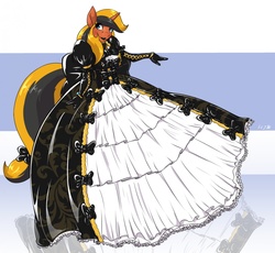 Size: 1280x1176 | Tagged: safe, artist:helixjack, oc, oc only, oc:help desk, unicorn, anthro, bow, clothes, commission, dress, gloves, goth, gown, horn, latex, latex dress, poofy shoulders, rubber, ruffles, solo, tail bow, unicorn oc