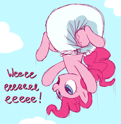 Size: 1280x1319 | Tagged: safe, artist:fillyscoots42, pinkie pie, diaper, diaper inflation, diapinkes, female, floating, helium, inflatable diaper, non-baby in diaper, open mouth, poofy diaper, pun, smiling, solo, upside down, wat