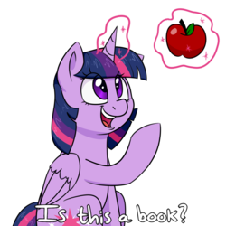 Size: 1300x1300 | Tagged: safe, artist:notenoughapples, twilight sparkle, alicorn, pony, g4, apple, cute, female, food, is this a pigeon, magic, mare, meme, open mouth, pointing, silly, simple background, sitting, smiling, solo, telekinesis, that pony sure does love books, transparent background, twiabetes, twilight sparkle (alicorn)