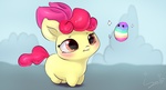 Size: 2835x1537 | Tagged: safe, artist:sverre93, apple bloom, earth pony, pony, g4, :3, :t, adorabloom, blush sticker, blushing, bow, chibi, cute, female, filly, grin, hair bow, looking at each other, smiling, solo, sparkles, sverre is trying to murder us, wubbins