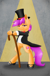 Size: 1280x1920 | Tagged: safe, artist:violyre, scootaloo, pony, crusaders of the lost mark, g4, bipedal, cane, clothes, cutie mark, female, hat, high heels, mary janes, shoes, solo, spotlight, suit, suitaloo, tailcoat, the cmc's cutie marks, top hat