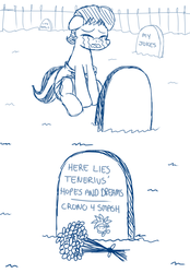 Size: 540x778 | Tagged: safe, artist:fillyscoots42, oc, oc only, oc:tenerius, pony, chrono trigger, crying, diaper, gravestone, graveyard, monochrome, non-baby in diaper, poofy diaper, reference, solo, spongebob squarepants, super smash bros., super smash bros. 4, what a baby