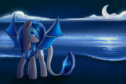 Size: 1500x1000 | Tagged: safe, artist:submerged08, oc, oc only, bat pony, pony, armor, beach, moon, solo, water