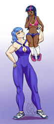 Size: 834x1920 | Tagged: safe, artist:mykegreywolf, princess luna, twilight sparkle, human, g4, amazon, au:eqcl, belly button, breasts, buff, busty princess luna, busty twilight sparkle, cleavage, clothes, cute, dark skin, female, humanized, lesbian, lifting, midriff, muscles, princess muscle moona, s1 luna, ship:twiluna, shipping, short hair, shorts, signature, size difference, sneakers, sports bra, talluna, workout outfit