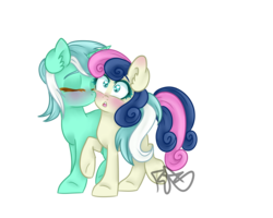 Size: 5000x4000 | Tagged: safe, artist:dreamyeevee, bon bon, lyra heartstrings, sweetie drops, earth pony, pony, unicorn, g4, best friends, blushing, cheek kiss, duo, eyes closed, female, heart eyes, kissing, lesbian, ship:lyrabon, shipping, simple background, surprise kiss, surprised, tail hug, transparent background, wingding eyes